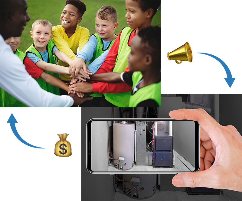 2 images stacked horizontally. Top one with young boys holding their hands on top of each other. The bottom image of a phone taking a picture of a furnace